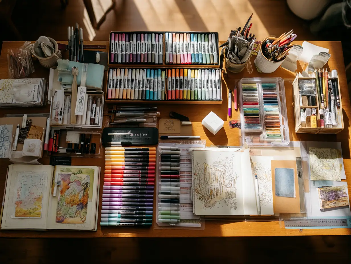 Matériel de dessin professionnel avec feutres à alcool, carnets et accessoires d'artiste sur une table en bois