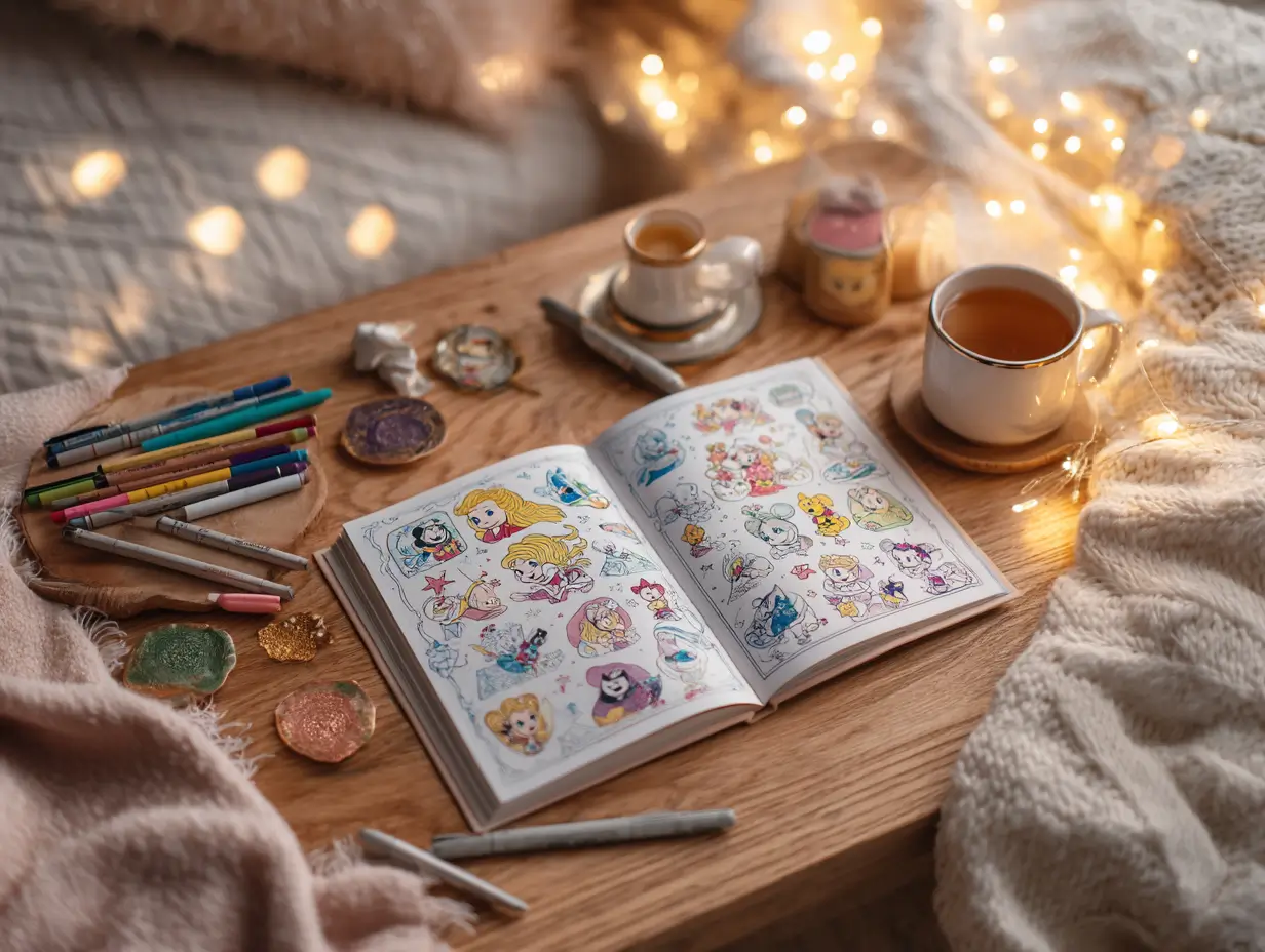Livre de coloriage Disney ouvert, crayons et thé sur une table cosy, ambiance détente et créative.